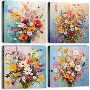 ALAYRA Colorful Wildflower Wall Art Floral Pictures for Living Room Abstract Poppy Daisy Flower Canvas Prints Bathroom Decor Nature Botanical Posters Bedroom Home Decoration 12x12 4P 01