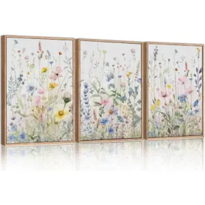 ALAYRA Colourful Flowers Canvas Wall Art Set Wildflower Green Leaf Framed Wall Pictures Aesthetic Pictures Flowers Poster Living Room Watercolour Daisy Wall Decoration 30 x 40 cm 01