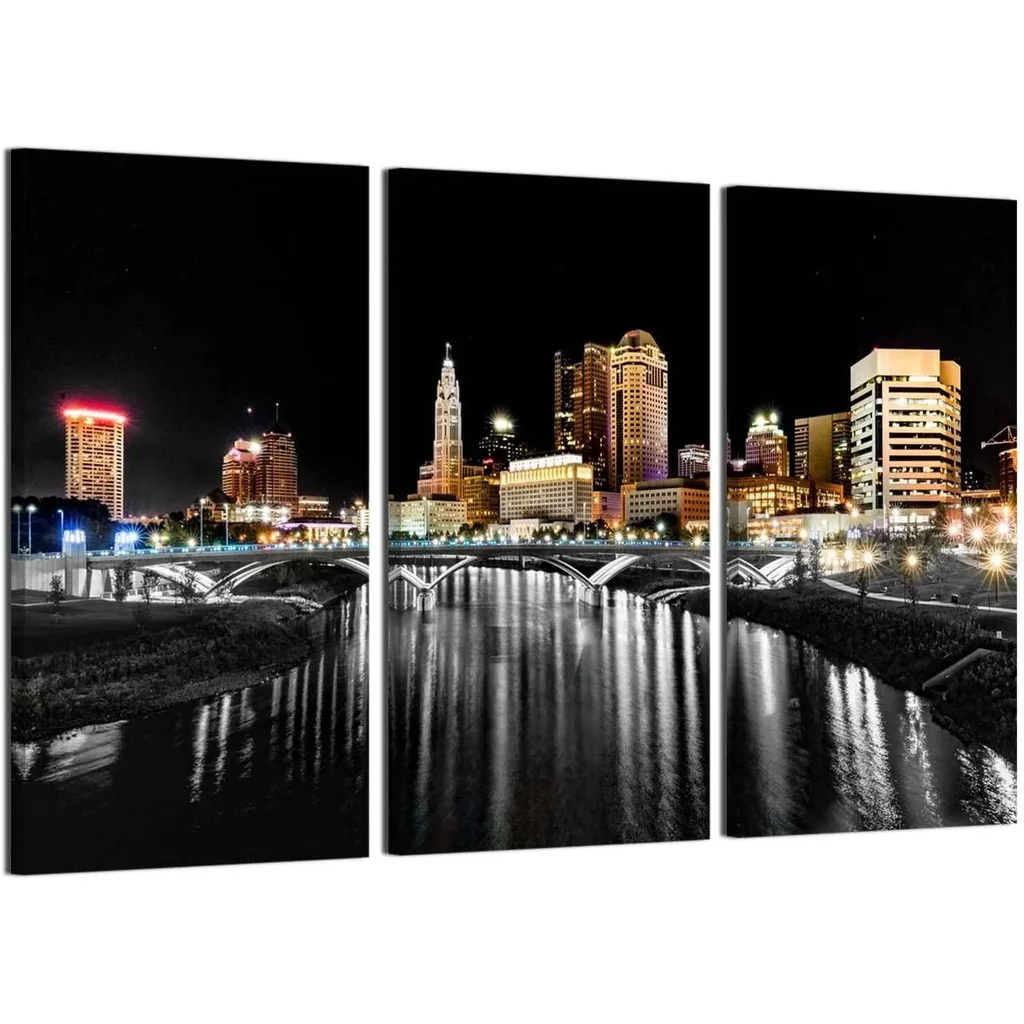 ALAYRA Columbus Ohio Wall Art Artwork Canvas Print for Living Room Nature Landscape Pictures Framed Columbus Skyline Night Wall Decor View Painting Poster Home Bedroom Decorations(48''Wx32''H) 01