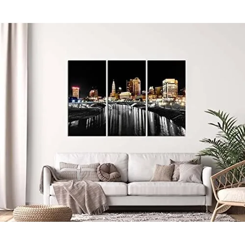 ALAYRA Columbus Ohio Wall Art Artwork Canvas Print for Living Room Nature Landscape Pictures Framed Columbus Skyline Night Wall Decor View Painting Poster Home Bedroom Decorations(48''Wx32''H) 01 - Image 2