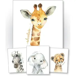 ALAYRA Confetti Fox Safari Animals Nursery Pictures Wall Decor - 8x10 Unframed Set of 4 Art Prints - Leopard Elephant Zebra Giraffe - Baby Boy Girl Zoo Jungle Artwork 01