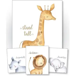ALAYRA Confetti Fox Safari Baby Animals Nursery Wall Art Decor - 8x10 Unframed Set of 4 Prints - Boy Girl Kids Quotes - Giraffe Rhino Elephant Lion 01