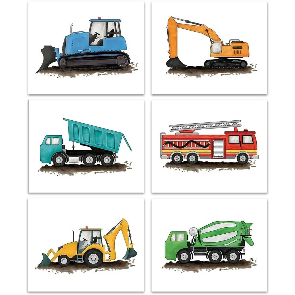 ALAYRA Construction Car Poster, Transport Vehicle Wall Art for Kids Room, Excavator Crane Trucks Art Prints for Nursery, Cartoon Car Canvas Picture for Boys Bedroom Classroom Decoration(Set of 6, Unfr