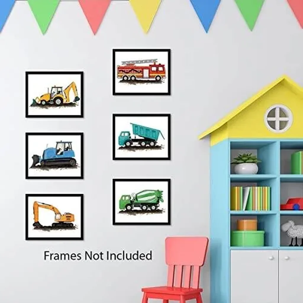 ALAYRA Construction Car Poster, Transport Vehicle Wall Art for Kids Room, Excavator Crane Trucks Art Prints for Nursery, Cartoon Car Canvas Picture for Boys Bedroom Classroom Decoration(Set of 6, Unfr - Image 2