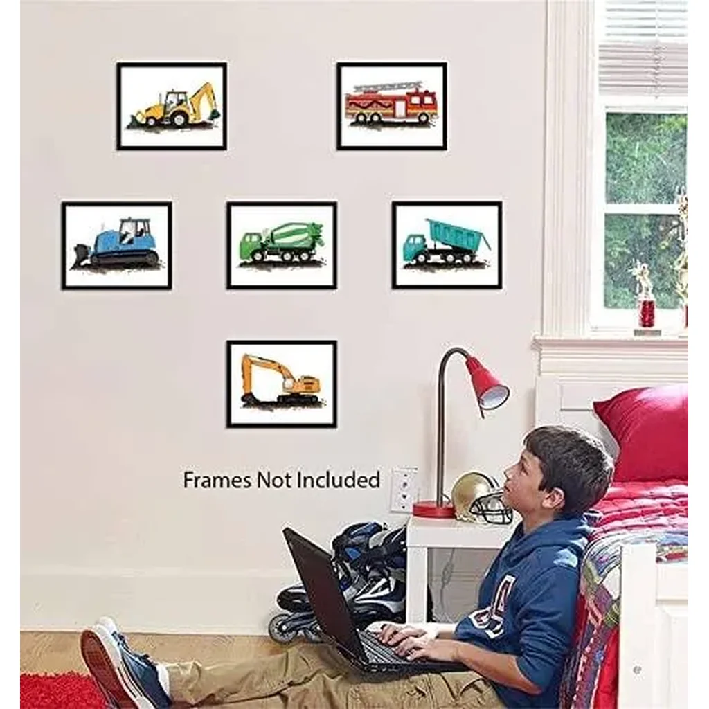 ALAYRA Construction Car Poster, Transport Vehicle Wall Art for Kids Room, Excavator Crane Trucks Art Prints for Nursery, Cartoon Car Canvas Picture for Boys Bedroom Classroom Decoration(Set of 6, Unfr - Image 3