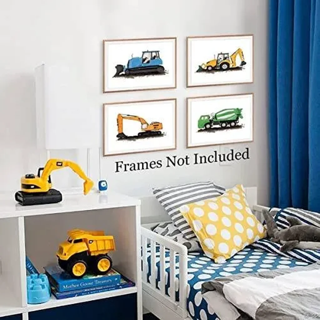 ALAYRA Construction Car Poster, Transport Vehicle Wall Art for Kids Room, Excavator Crane Trucks Art Prints for Nursery, Cartoon Car Canvas Picture for Boys Bedroom Classroom Decoration(Set of 6, Unfr - Image 4