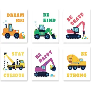 ALAYRA Construction Truck Boys Room Decor, Toddler & Teen Boys Wall Art Posters, Kids Room Wall Art Prints - Motivational Wall Decor for Bedroom (Set of 6, 20x25cm, Unframed) 01