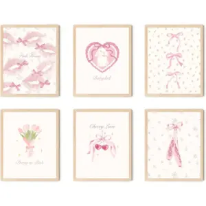 ALAYRA Coquette Room Decor Aesthetic, Pastel Pink Bows Posters for Girls Bedroom, Balletcore Wall Art, Girly Kawaii Dollette Prints for Dorm.(8" X 10", Set of 6, UNFRAMED) 01