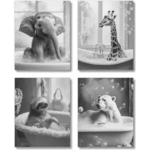 ALAYRA Cute Funny Bathroom Decor Wall Art Prints (UNFRAMED 8 x 10 Set of 4) Restroom Powder Room Wash Laundry Room Wall Decor Signs - Animals in Bathtub (Black and White) 01