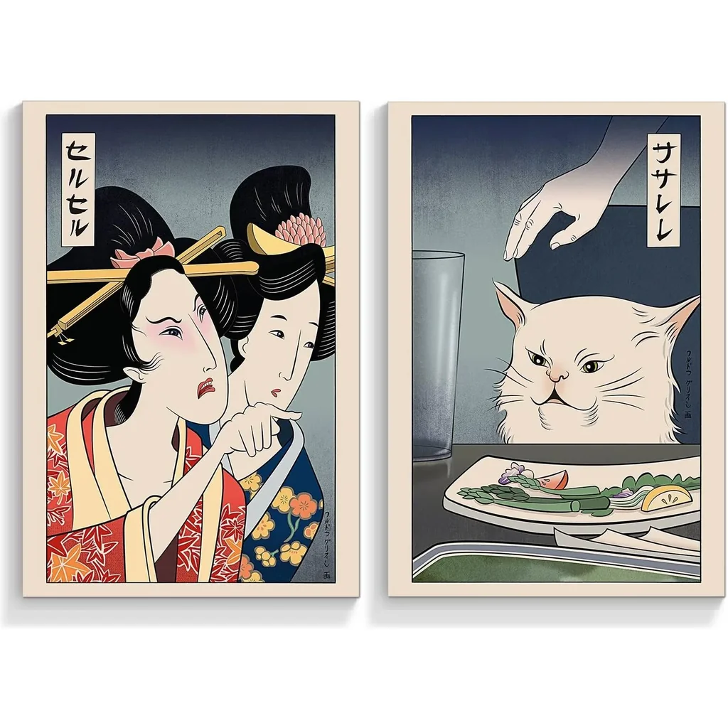 ALAYRA Cute Funny Japanese Cat Wall Art Set of 2-16x24in, Vintage Japanese Geisha Yelling at Cat Aesthetic Posters, Fun Asian Anime Meme Prints Painting, Oriental Style Kitchen Wall Decor Unframed 01