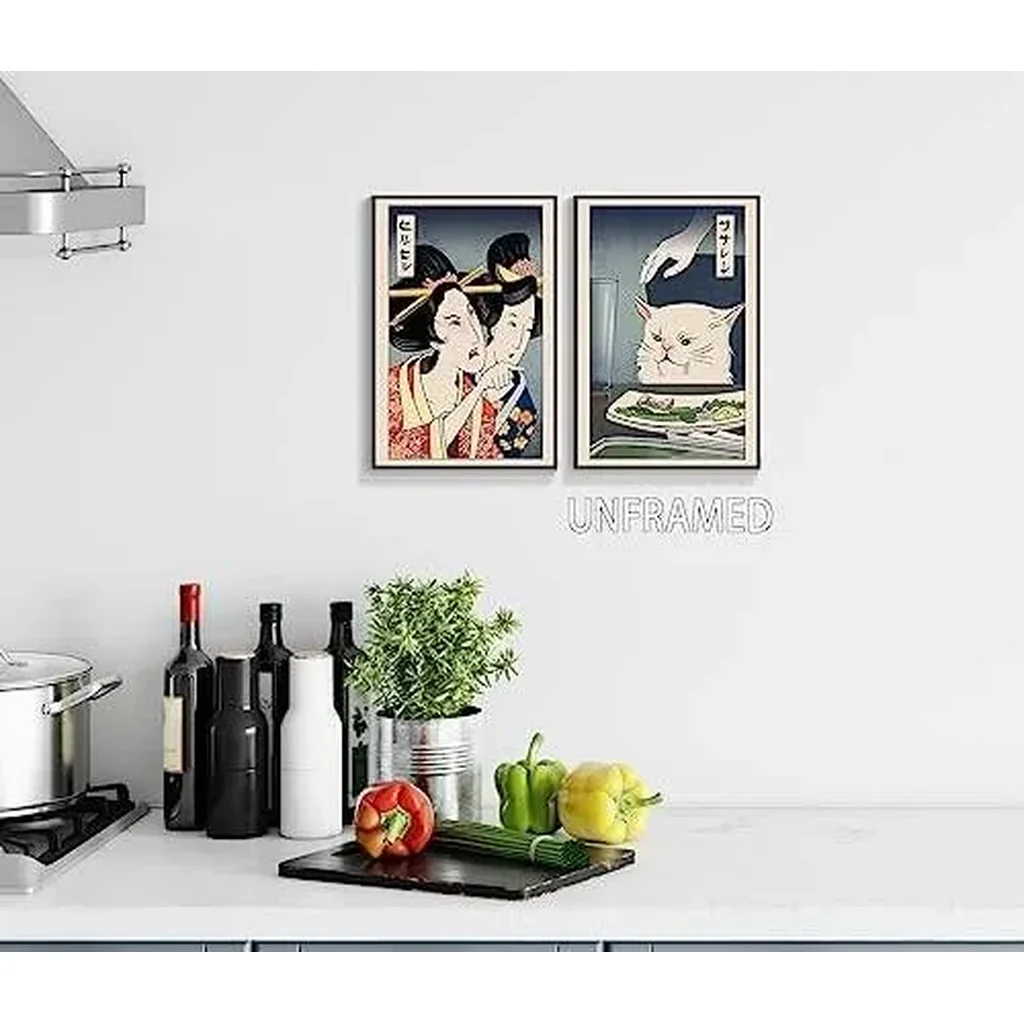 ALAYRA Cute Funny Japanese Cat Wall Art Set of 2-16x24in, Vintage Japanese Geisha Yelling at Cat Aesthetic Posters, Fun Asian Anime Meme Prints Painting, Oriental Style Kitchen Wall Decor Unframed 01 - Image 4