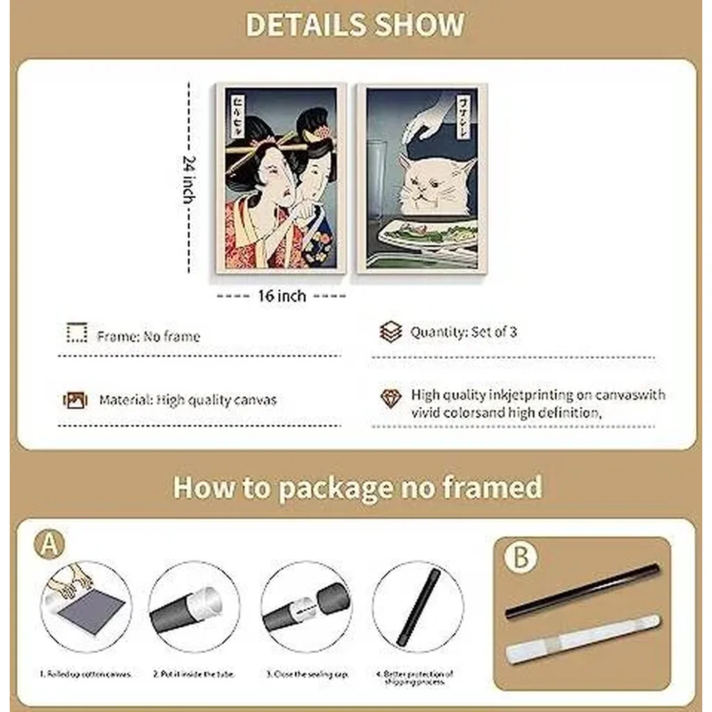 ALAYRA Cute Funny Japanese Cat Wall Art Set of 2-16x24in, Vintage Japanese Geisha Yelling at Cat Aesthetic Posters, Fun Asian Anime Meme Prints Painting, Oriental Style Kitchen Wall Decor Unframed 01 - Image 6