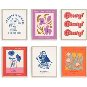ALAYRA Cute Wall Decor for Girls Dorm, Colorful Aesthetic 70s Posters, Wall Art Prints for Room Decor Aesthetic Unframed, 8x10in, Set of 6 01
