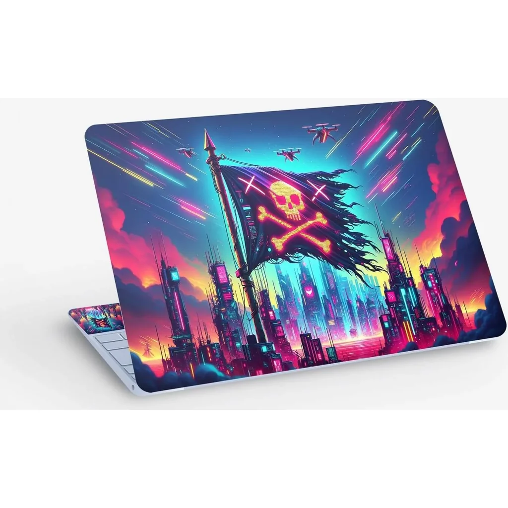 ALAYRA Cyberpunk Pirate Flag Digital Art, Laptop Skin Sticker Decal, 13.3 14 15 15.4 15.6 Inch Laptop Universal Vinyl Skin Sticker Cover, Dustproof, Waterproof, Decal Protector With Free 2 Wrist Pads