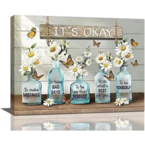 ALAYRA Daisy Bathroom Decor Wall Art Daisy Canvas Painting Prints Rustic Daisy Flower Bathroom Pictures for Wall It's Okay Inspirational Quotes Modern Artwork Home Decor for Office Bedroom 16"x12" 01