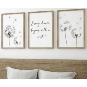 ALAYRA Dandelion Quote Wall Art Set of 3 Unframed Plant Decor, Living Room Bedroom Poster Home Decor, Every Dream Begins with a Wish (A4) 01