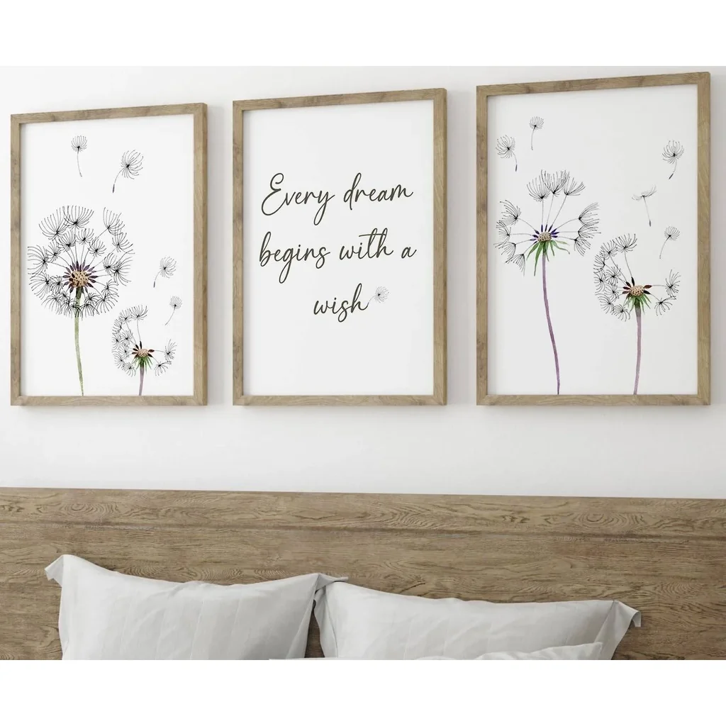 ALAYRA Dandelion Quote Wall Art Set of 3 Unframed Plant Decor, Living Room Bedroom Poster Home Decor, Every Dream Begins with a Wish (A4) 01
