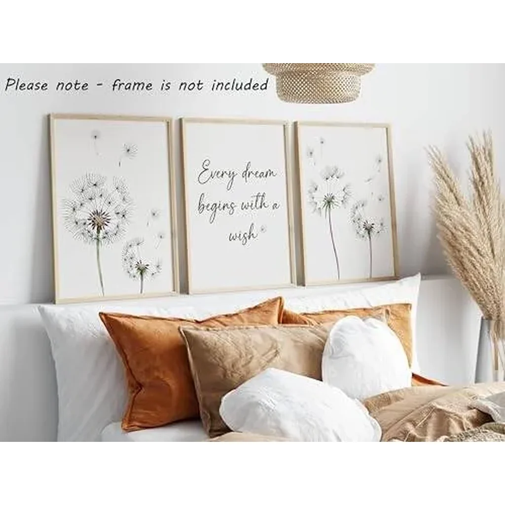 ALAYRA Dandelion Quote Wall Art Set of 3 Unframed Plant Decor, Living Room Bedroom Poster Home Decor, Every Dream Begins with a Wish (A4) 01 - Image 2