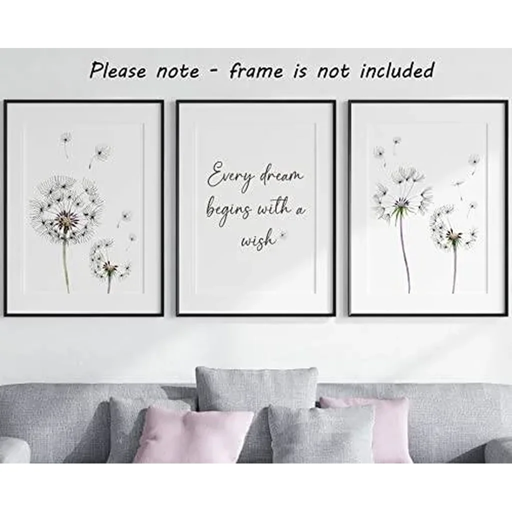 ALAYRA Dandelion Quote Wall Art Set of 3 Unframed Plant Decor, Living Room Bedroom Poster Home Decor, Every Dream Begins with a Wish (A4) 01 - Image 4