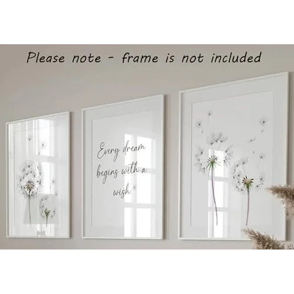 ALAYRA Dandelion Quote Wall Art Set of 3 Unframed Plant Decor, Living Room Bedroom Poster Home Decor, Every Dream Begins with a Wish (A4) 01 - Image 6