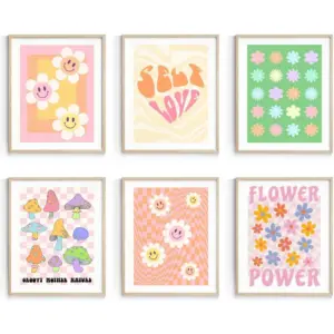 ALAYRA Danish Pastel 70s Wall Decor for Girls Dorm, Retro Floral Wall Art Prints, Pink Cute Posters for Cute Room Decor Aesthetic Unframed, 8x10in, Set of 6 01