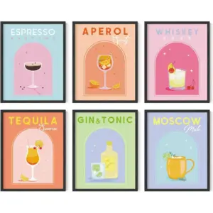 ALAYRA Danish Pastel Posters Alcohol Poster - Set of 6 Aesthetic Cocktail Poster, Preppy Pictures for Wall, Funky Dorm Posters for College Girls, Colorful Bar Wall Art (11x14 Unframed) 01