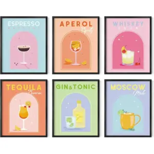 ALAYRA Danish Pastel Posters Alcohol Poster - Set of 6 Aesthetic Cocktail Poster, Preppy Pictures for Wall, Funky Dorm Posters for College Girls, Colorful Bar Wall Art (8x10 Unframed) 01