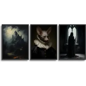 ALAYRA Dark Academia Room Decor Aesthetic, Vintage Gothic Bat Portraits Wall Art, Spooky Ghost Prints, Victorian Dracula Castle Poster for Halloween.(12" X 16", Set Of 3, UNFRAMED) 01