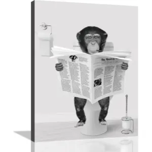 ALAYRA DAZZLING BEAUTY Funny Bathroom Canvas Wall Art Decor - Monkey Reading Newspapers on Toilet Pictures Poster Prints Giclee Artwork for Bathroom Home Walls Decorations, Ready to Hang 12"x16"x1 Pcs