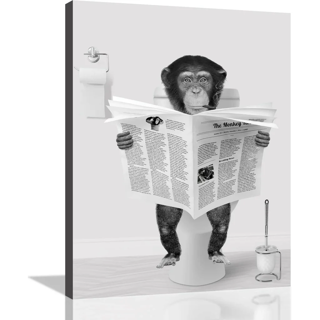 ALAYRA DAZZLING BEAUTY Funny Bathroom Canvas Wall Art Decor - Monkey Reading Newspapers on Toilet Pictures Poster Prints Giclee Artwork for Bathroom Home Walls Decorations, Ready to Hang 12"x16"x1 Pcs