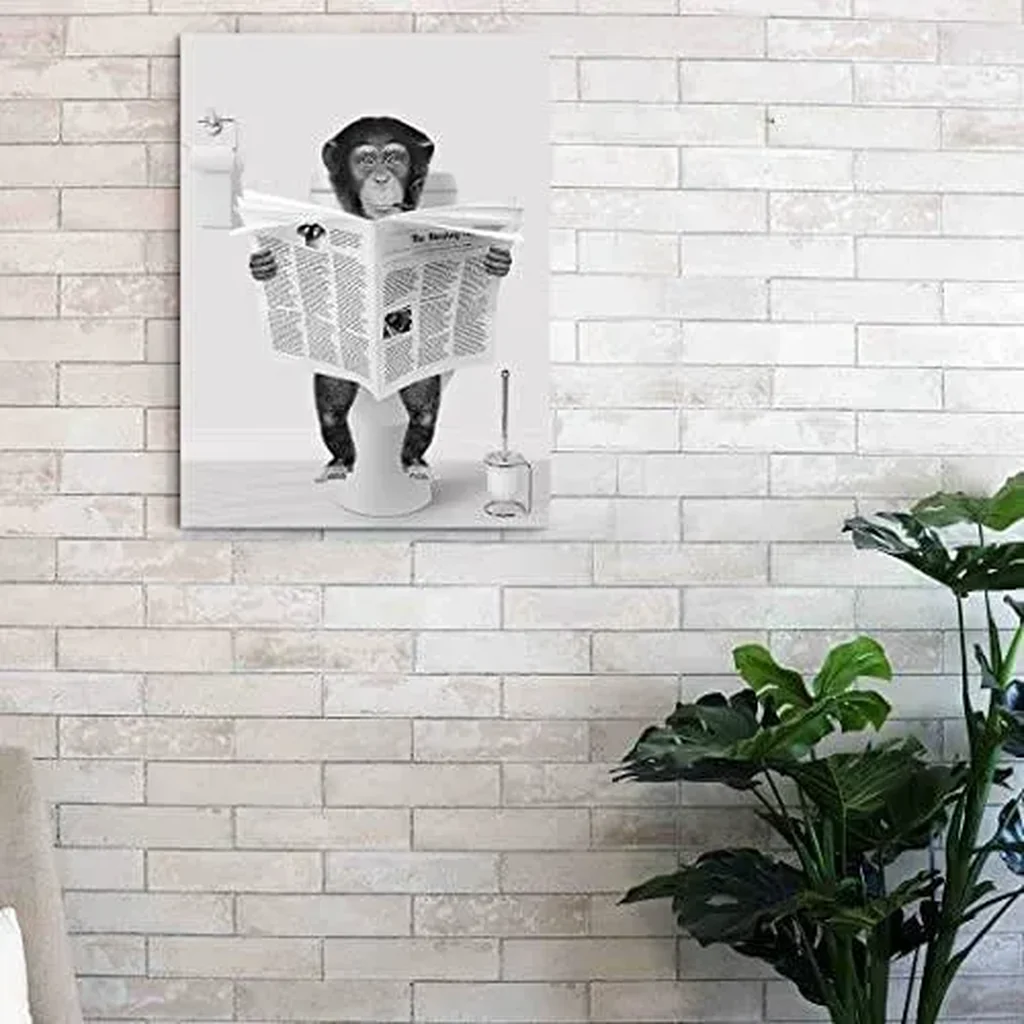 ALAYRA DAZZLING BEAUTY Funny Bathroom Canvas Wall Art Decor - Monkey Reading Newspapers on Toilet Pictures Poster Prints Giclee Artwork for Bathroom Home Walls Decorations, Ready to Hang 12"x16"x1 Pcs - Image 2