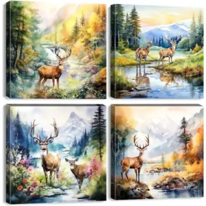 ALAYRA Deer Canvas Wall Art Forest Scenic Wall Decor Elk Moose Pictures for Bathroom Living Room Bedroom Nature Landscape Poster Mountain River Animal Painting Artwork Home Decorations 12x12 4Pcs 01