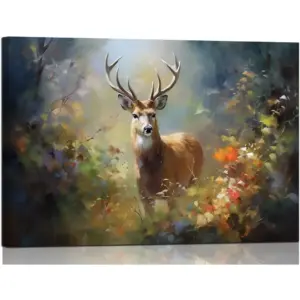 ALAYRA Deer Wall Decor Elk Canvas Pictures Forest Landscape Theme Print Wildlife Canvas work for Living Room Watercolr Animal Canvas for Bedroom Bathroom Home Office Decorations, Ready to 01