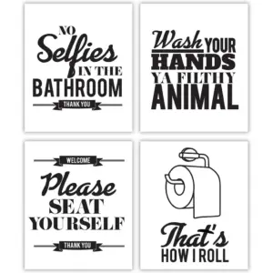 ALAYRA Designs by Maria Inc. Typography Bathroom UNFRAMED Wall Art & Pictures, Funny Bathroom Quotes & Rules, Best Modern Toilet Decor Words & Letters, Black & White Prints, Set of 4, 8" x 10", 854202