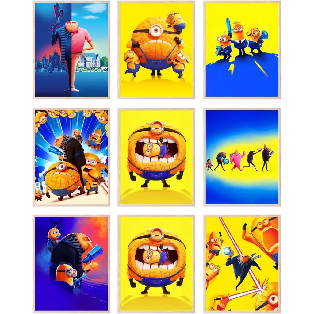 ALAYRA Despicable Me 4 Wall Art - Minion Bedroom Decor, Minions Poster, Despicable Me Party Decorations, Kids Movie Posters, Wall Decor Artwork for Kids Room - Unframed Set of 9 (8x10) 01