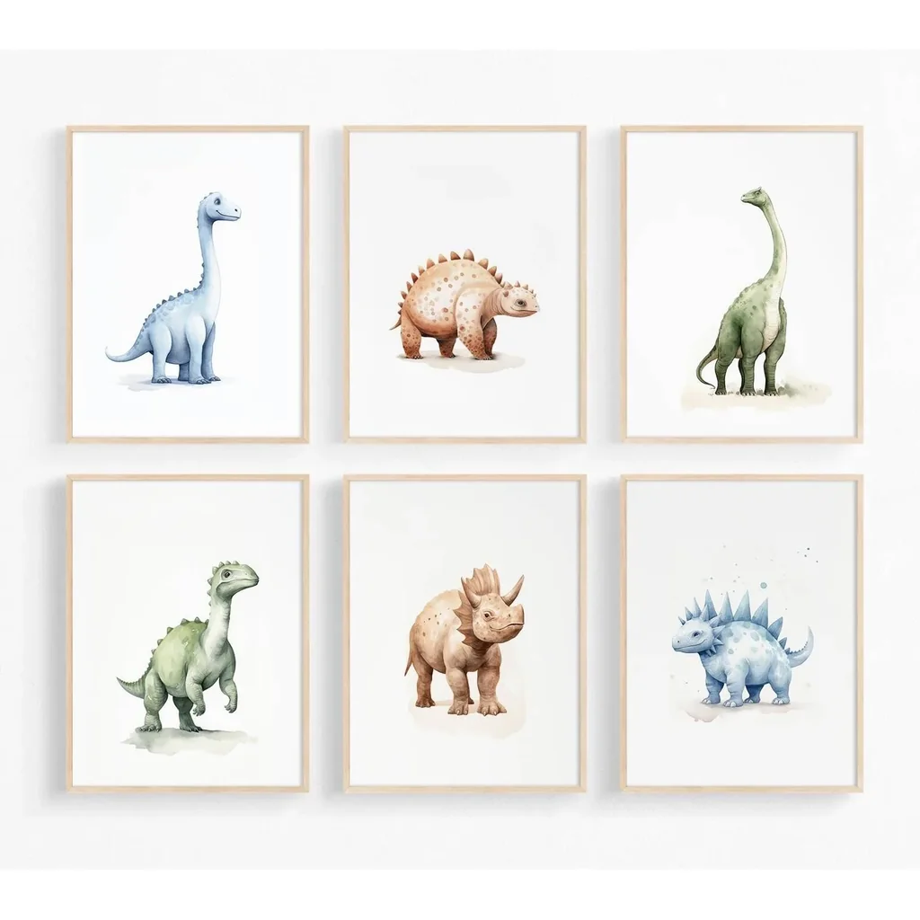 ALAYRA Dinosaur Wall Art Decor Dino Boys Room Canvas Wall Art Nursery Kids Prints Toddler Dinosaur Poster Kids Artwork Nursery Pictures for Boys Room 12x16 Inch Unframed Set of 6 01