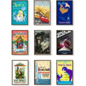 ALAYRA Disney Parks Wall Art - Disneyland Wall Art, Disneyland Gifts, Vintage Retro Disney Theme Park Merchandise, Splash Mountain Poster, Collectibles, Memorabilia -Unframed Reproduction Set of 9 (11
