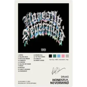 ALAYRA Drake Poster Honestly Nevermind Music Album Cover Signed Limited Edition Canvas Poster Wall Art Decor Print Picture Paintings for Living Room Bedroom Decoration Unframe 12x18inch(30x45cm) 01