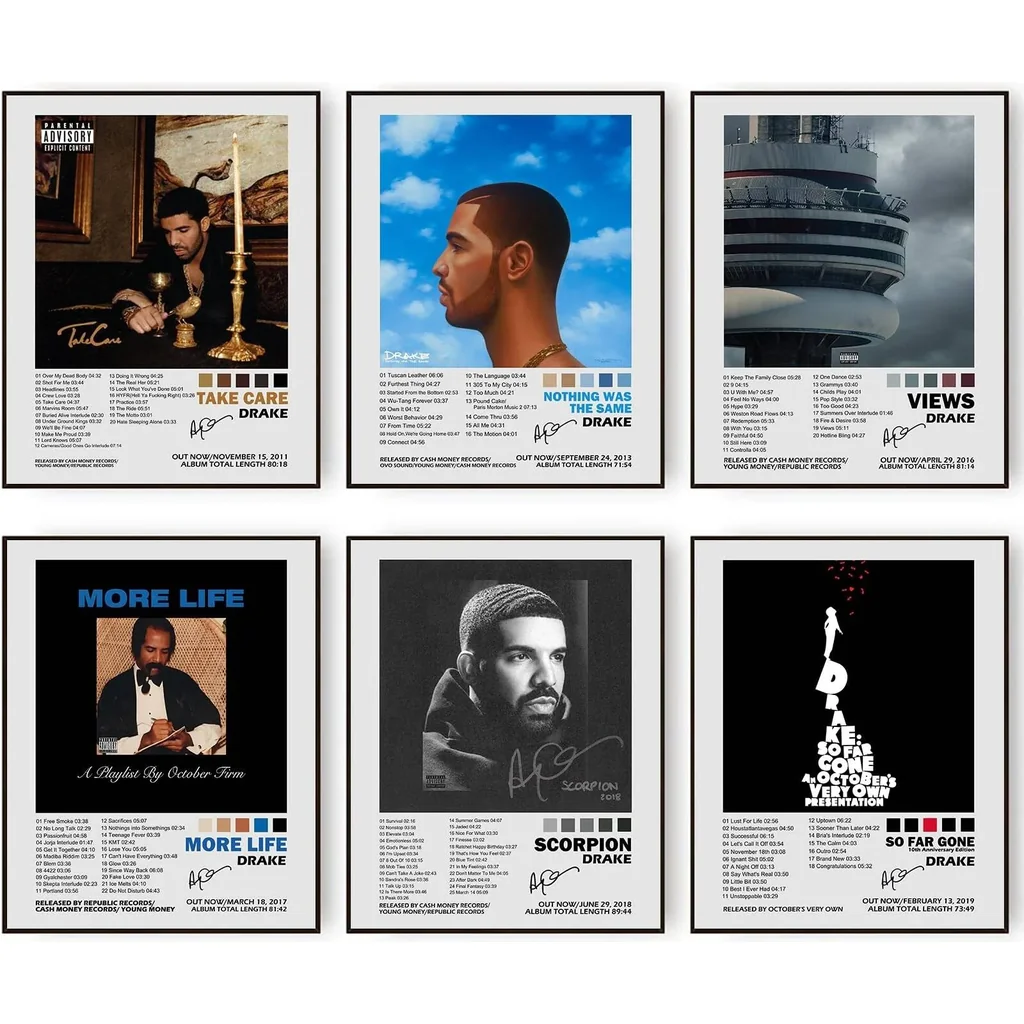 ALAYRA Drake Signed Limited Posters Music Album Cover Poster Prints Set of 6 Room Aesthetic Canvas Wall Art Prints for Girl and Boy Teens Dorm Bedroom Room Wall Decor (8"x10" UNFRAMED) 01