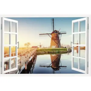 ALAYRA Dutch Windmills View 3D Window Effect Canvas Art Seaside Landscape Wall Art Canvas Prints Decor Posters for Living Room Bedroom Posters Prints Framed Ready to Hang - 36" W x 24" H 01