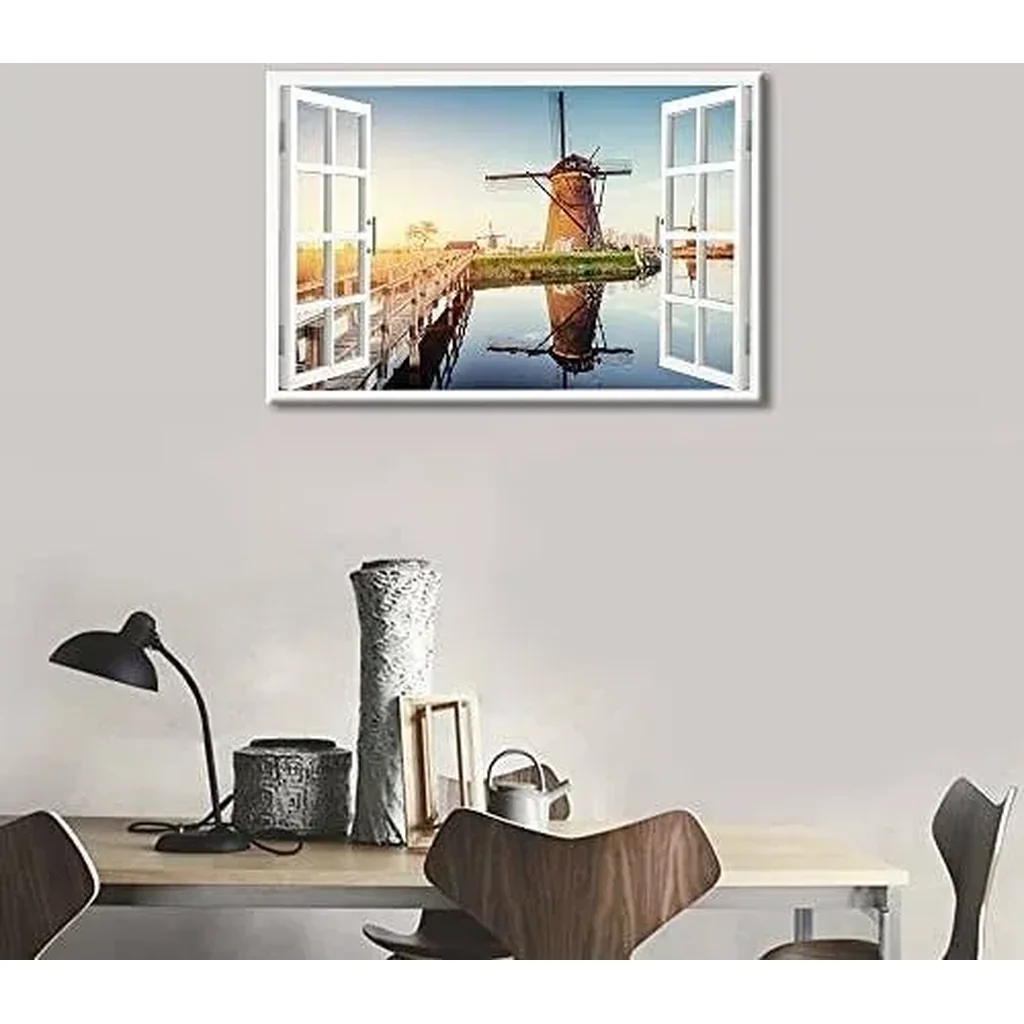 ALAYRA Dutch Windmills View 3D Window Effect Canvas Art Seaside Landscape Wall Art Canvas Prints Decor Posters for Living Room Bedroom Posters Prints Framed Ready to Hang - 36" W x 24" H 01 - Image 2