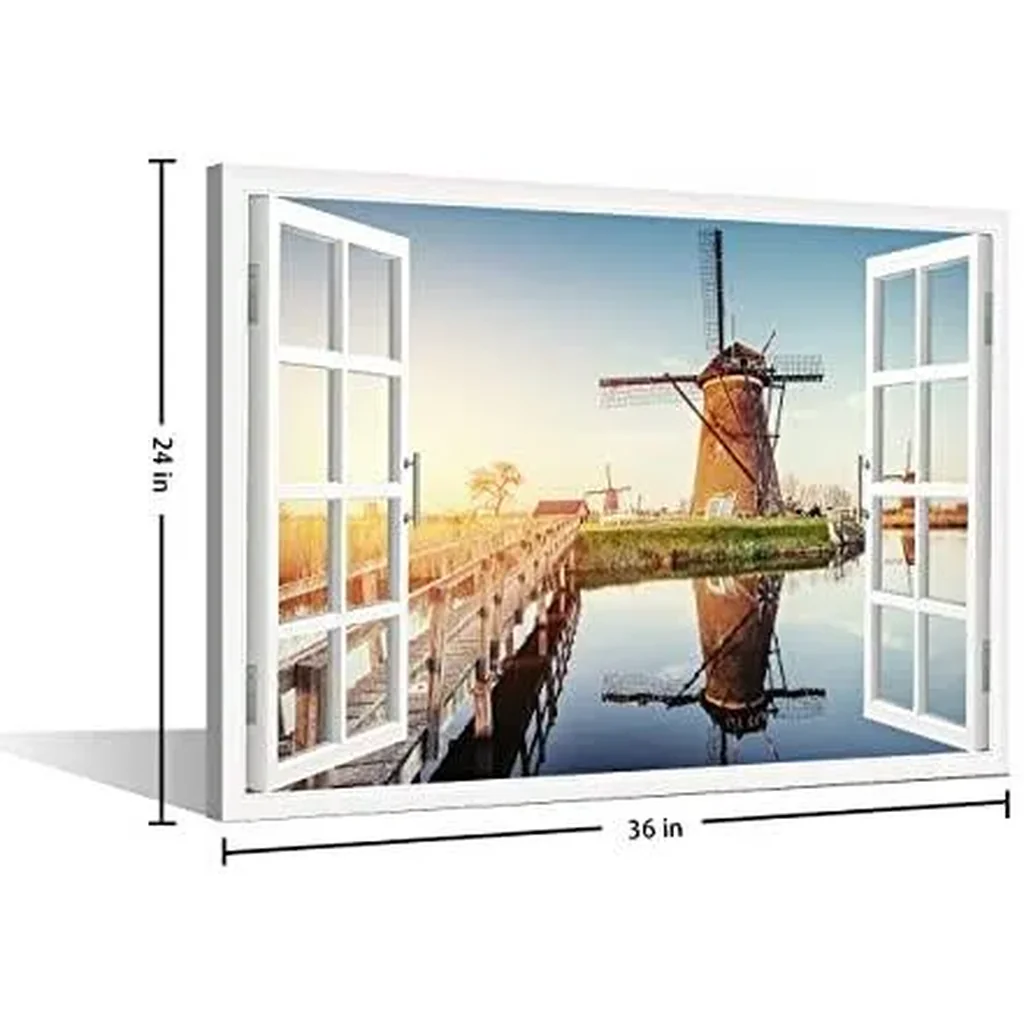 ALAYRA Dutch Windmills View 3D Window Effect Canvas Art Seaside Landscape Wall Art Canvas Prints Decor Posters for Living Room Bedroom Posters Prints Framed Ready to Hang - 36" W x 24" H 01 - Image 3