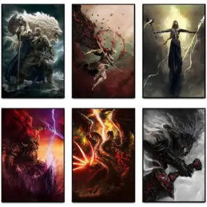 ALAYRA Elden Ring Poster (Set of 6), Malenia, Radagon and Godfrey, Radahn and Maliketh, Lichdragon Fortissax Canvas poster Game Wall Art for Room Decoration Gift Unframe-style 08x12inch(20x30cm) 01