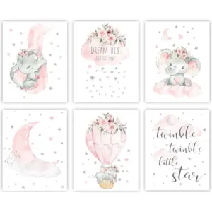 ALAYRA Elephant Nursery Wall Decor Set of 6 Baby Girl Room Decor for Nursery 8"x10" Pink Flowers Wall Art Prints Dream Big Little One Nursery Wall Art Girl Room Wall Decor(Unframed) 01