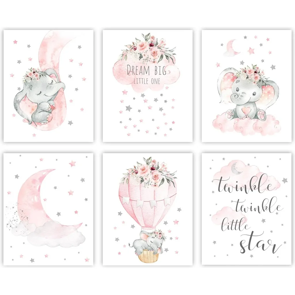 ALAYRA Elephant Nursery Wall Decor Set of 6 Baby Girl Room Decor for Nursery 8"x10" Pink Flowers Wall Art Prints Dream Big Little One Nursery Wall Art Girl Room Wall Decor(Unframed) 01
