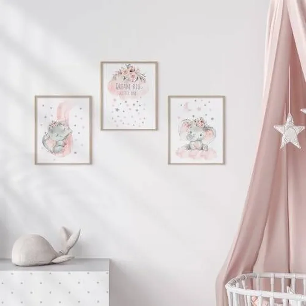 ALAYRA Elephant Nursery Wall Decor Set of 6 Baby Girl Room Decor for Nursery 8"x10" Pink Flowers Wall Art Prints Dream Big Little One Nursery Wall Art Girl Room Wall Decor(Unframed) 01 - Image 2