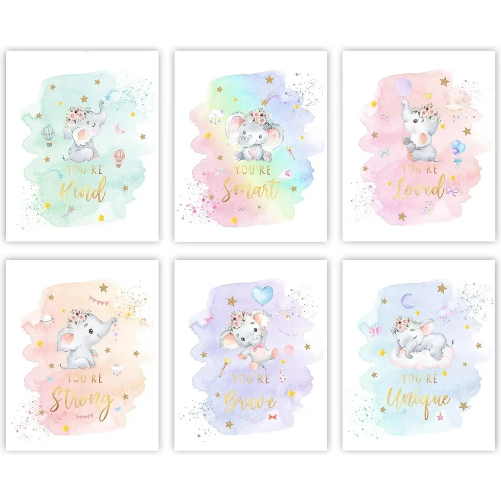 ALAYRA Elephant Nursery Wall Decor Set of 6 Baby Girl Room Decor for Nursery 8"x10" Star Wall Art Prints You Are Loved Baby Elephant Nursery Decor(Unframed) 01