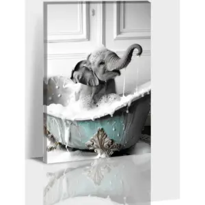 ALAYRA Elephant Wall Art - Elephant Pictures Wall Decor, Elephant Bathroom Decor Cute Wall Painting, Elephant in The Bathtub Canvas Wall Decor for Bathroom Framed Ready To Hang 12x18'' 01