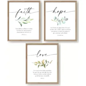 ALAYRA Faith Hope and Love Bible Verse Inspirational Prints, Set of 3 UNFRAMED, Christian Home Decor, Scripture Wall Art, Religious Gift for Women, 8 x 10 in, Green, Blue, Gray 01