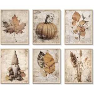 ALAYRA Fall Decorations for Home, Rustic Wall Decor Poster Print, 6pcs Vintage Autumn Maple Leaf Art, Leaves, Pumpkins, Eucalyptus, Thanksgivings Wall Art for Living Room, Bedroom, 8x10in, Unframed 01